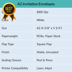 1000pcs A2 Invitation Envelopes Self Seal 4 3/8 x 5 3/4 White 95lb