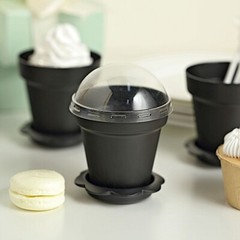 12 BLACK Mini Flower Pot DESSERT CUPS Lid Shovel Spoon Party Events Decorations