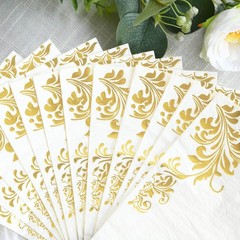 50 White Disposable Paper Napkins with Gold Baroque 16″, and