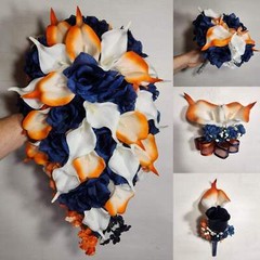 Orange Navy Blue Rose Calla Lily Bridal Wedding Bouquet Accessories