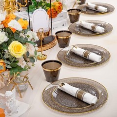 175pcs Black Gold Plastic Plates – Black Black and Gold 175 Pieces (25 Guests)