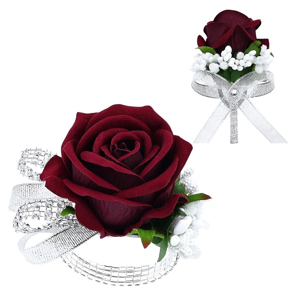 2Pcs Burgundy Rose Corsage and Boutonniere Set, Artificial Wrist Corsage Wris…