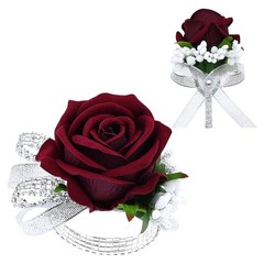 2Pcs Burgundy Rose Corsage and Boutonniere Set, Artificial Wrist Corsage Wris…