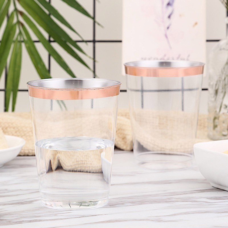 12 CLEAR ROSE GOLD RIM 9 oz Disposable Plastic Cups Wedding Party Tableware Sale