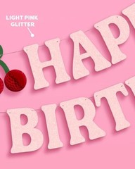 Happy Birthday Cherry Banner – Pink Glitter, 6.5 Ft. | 3D Cherry Garland,