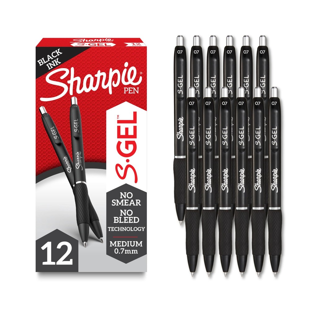 Sharpie S-Gel Gel Pens, Black Barrel, Medium Point (0.7mm), Black Gel Ink, 12 Co