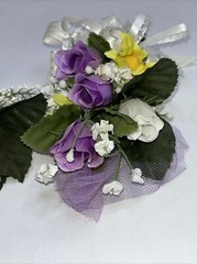 Bridal Wedding Floral Bouquet corsage and boutonniere, white roses, purple