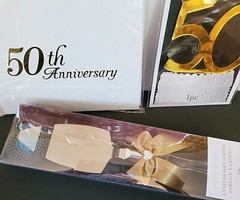 50th WEDDING ANNIVERSARY GUEST BOOK, CAKE SERVER, CAKE TOP 3PC SET Victoria Lynn