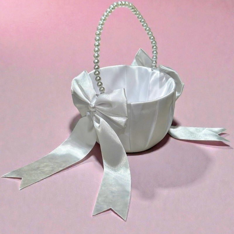 White Satin Flower Girl Basket Faux Pearl Handle Bowknot 8″ x 5″ x 5″ Wedding