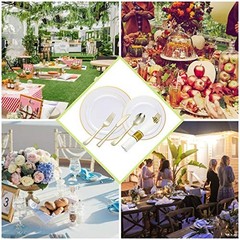 Gold Plastic Plates and Disposable Silverware w/Per-Rolled Napkins,Home