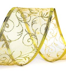 Gold Wired Ribbon Sheer Glitter Organza 2.5 in Ribbon Gold ( 2.5 in x 50 yd )