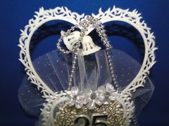 New 25th Wedding Anniversary Double Heart & Bells, silver flowers caketop #46