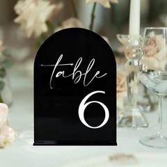 Black Arch Acrylic Table Numbers 1-25, 5×7″ with Stands, Minimalist Style, Bl…