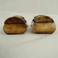 Vintage Wedding Ring Box Pair Carved Bovine Ox Bone Brass Trinket Chest Set 2pc