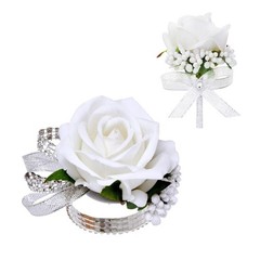 2Pcs White Rose Corsage and Boutonniere Set, Corsage Wristlet Band for Prom D…