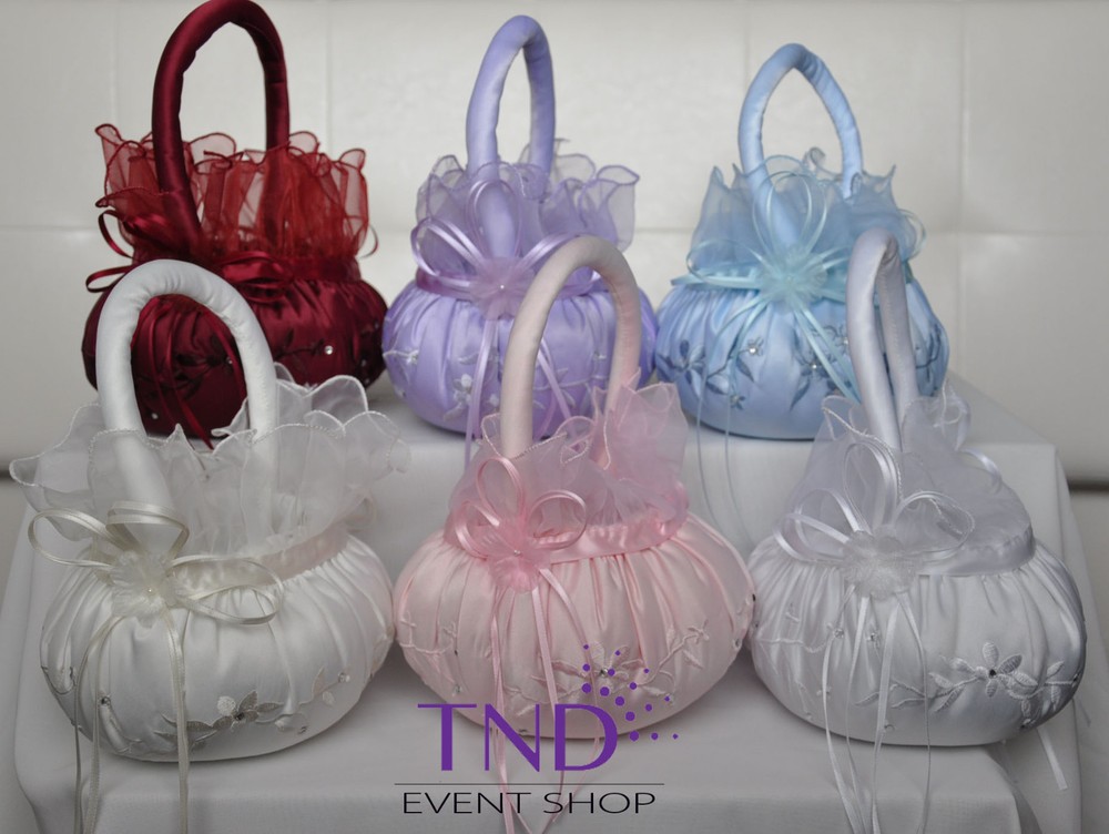 WEDDING CEREMONY SATIN FLOWER GIRL BASKET WITH EMBROIDERED FLOWERS & RHINESTONES