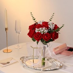 12PCS Artificial Flowers Fake Roses, Realistic Velvet Long Stem Roses Red
