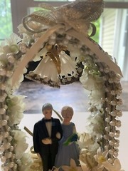 Vintage 1950s Wedding Anniversary Cake Topper Couple in Arch Bells Blue Dress