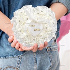 White Wedding Ring Holder Pillow Heart Shape Lace Rose Flower Rhinestone Crys…