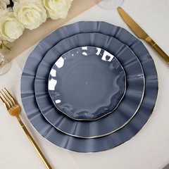 10 NAVY BLUE 6″ Round PLASTIC Salad Dinner PLATES Gold Wavy Rim Wedding Party
