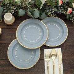 25 DUSTY BLUE 8″ Metallic Round Paper Salad DINNER PLATES Textured Rim Party