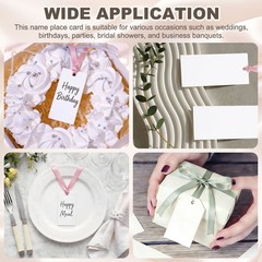 100Pack Blank Place Card with Green & Beige Ribbon, 3.54 x 1.57 Inch, White