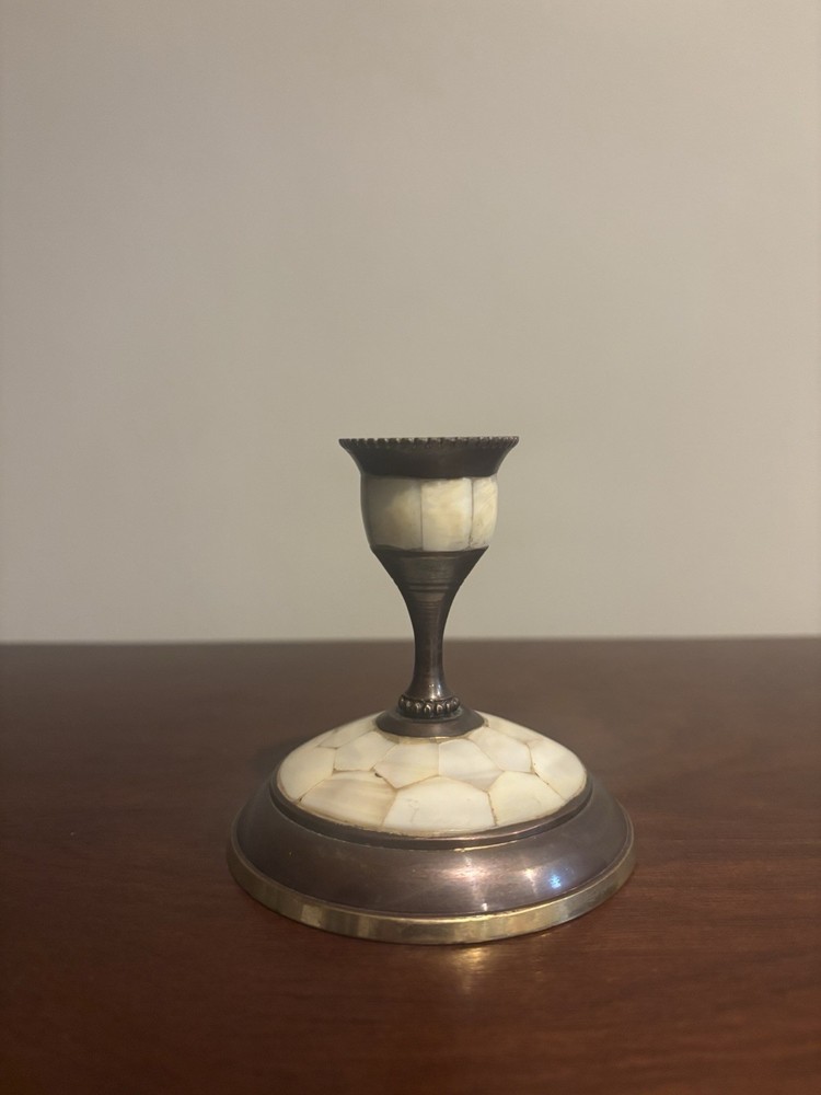 Vintage Stick Candle Holder Brass Mother of Pearl Inlay 3″ High ~ Made In India