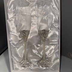 NEW Things Remembered Set Of Champagne Toast Flutes Rhinestones Silver Classic