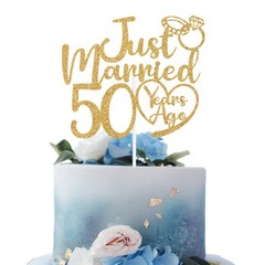 Just Married 50 Years Ago Cake Topper, 50th 5.9″ x 4.8″, Gold Glitter