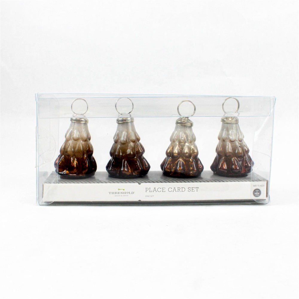 Set of 4 Threshold Brown and White Glass Christmas Tree Place Card Holders