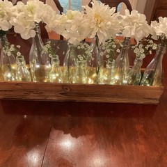 Farmhouse Decor Long Wooden Table Top Centerpiece w/11 Bottle Vases-Lighted
