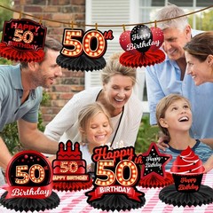 Happy 50th Birthday Red and Black Table Honeycomb 50, Multi-colored