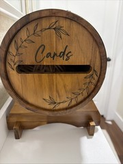 Rustic Whiskey Barrel Card Box +Stand Wooden/Gift Box Leaf Design Carved Wedding