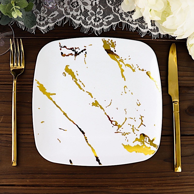 10 WHITE GOLD Square Metallic Marble Plastic Salad DINNER PLATES Party Tableware