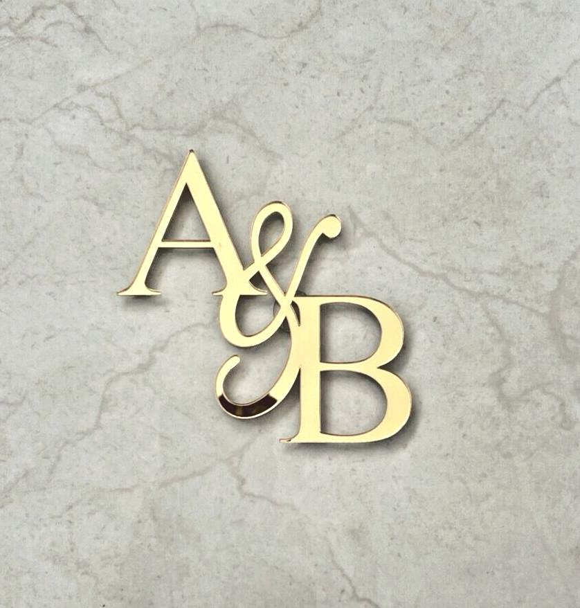 Initials Wedding Cake Topper Charm Monogram Name Gold Silve Mirror Сalligraphy