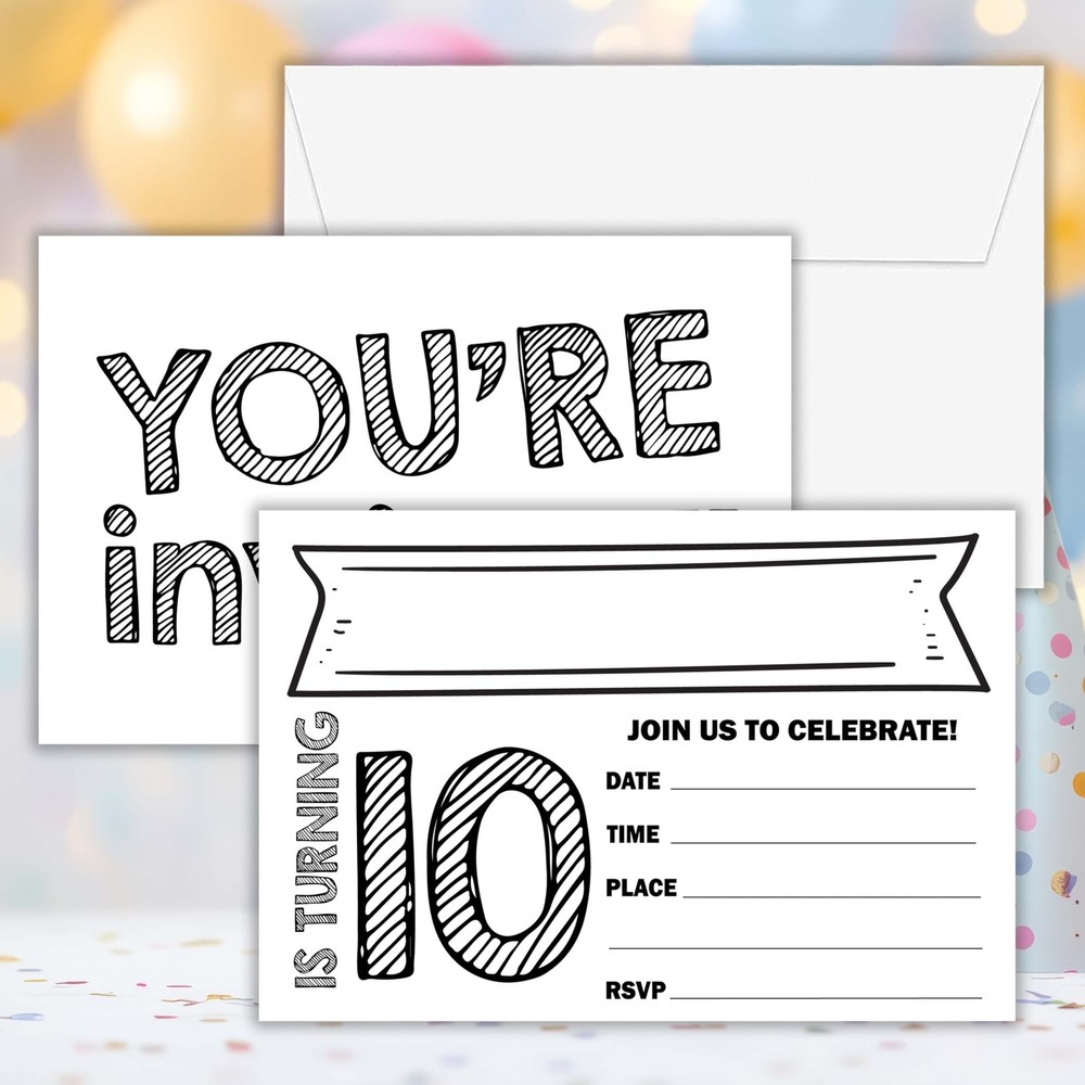 10th Birthday Invitations, 25 Double-Sided Invitation Cards with 25 Envelopes…