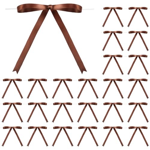 Bows 5 x 7 Inches Twist Tie Ribbon Bows for Cake 24 Pcs Ribbon Bow for Brown