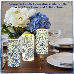 4 Pcs Flameless Pillar Candles LED Blue and White Porcelain Chinoiserie