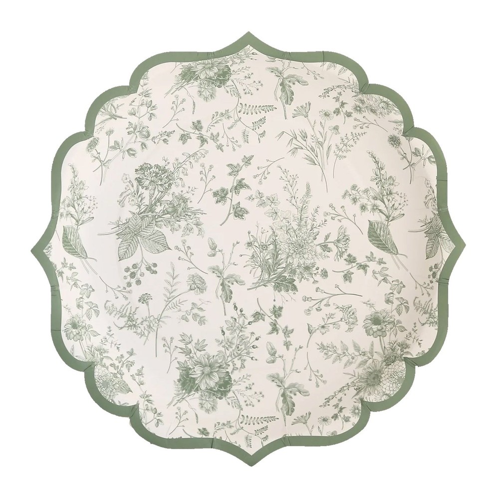 25 White Sage Green 10″ Floral Leaf Print Paper Plates Scalloped Rim Party Event