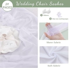 24-Pack White Wedding Chair Sashes Tulle Sheer 8ft Long 10in Wide Party Banquet