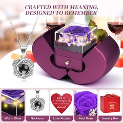 Preserved Real Rose Necklace 4.5 x 6.2 x 5.5 inches, Purple/Heart