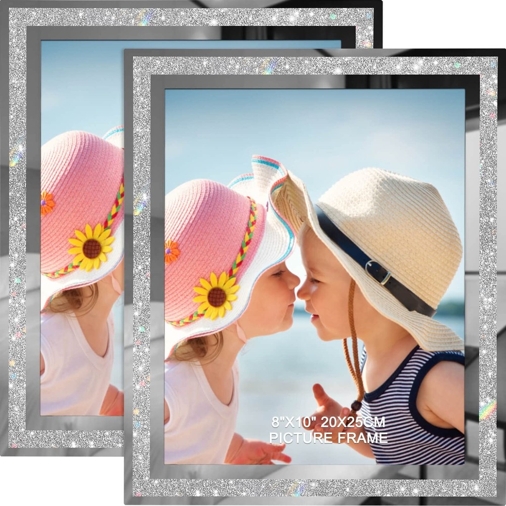8×10 Picture Frames Set of 2, Glitter Photo Frame for Tabletop, Silver Glass …