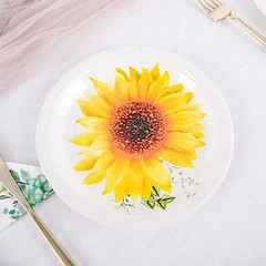 25 White 7″ Round Paper Plates with Sunflower Design – Disposable Tableware