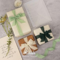 Green Ribbon 1 Inch x 3 Rolls Total 24 Yards Handmade Ivory/Sage/Forest Green