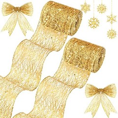 2 Rolls Gold Christmas Ribbon Glitter Mesh Wired Ribbons 2.5 Inch x 20 Yards