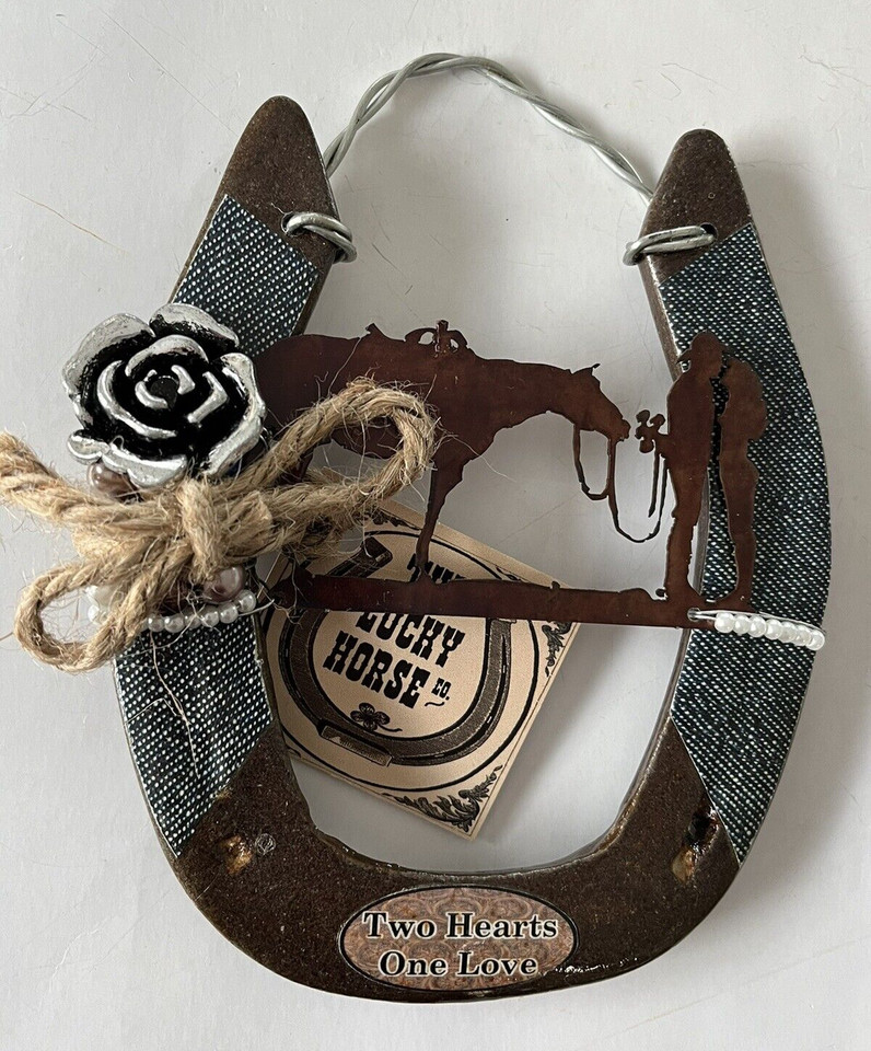 Western Wedding Metal Horseshoe Blue Denim Cowboy Couple Ringbearer/Wallhanging