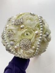 Handmade Wedding Bouquet White Light Green Pearl Artificial Flower Bling Bridal