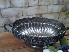 Silver Plate Centerpiece Bowl 18″ Pounded with Iron Cutout Rim, Made in India