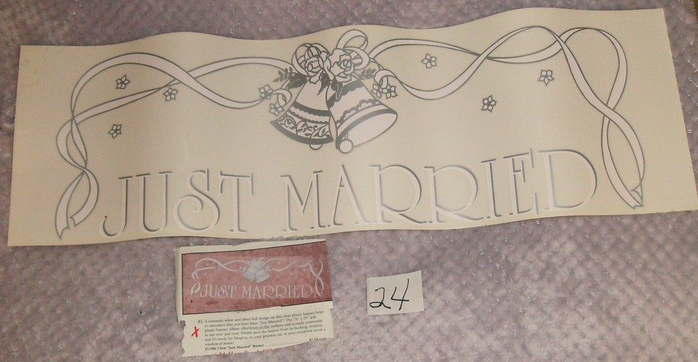 JUST MARRIED BANNER WHITE & SILVER BELL DESIGN ON CLEAR PLASTIC 24×8 WEDDING #24