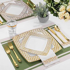 175 Ct Gold Dinnerware Set for 25 Guests – Square Gold Diamond Rim Plates